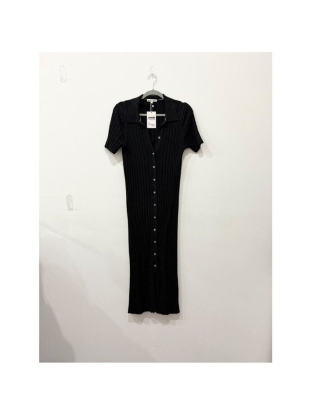 Ribbed Button-Front Polo Mini Dress - Black
